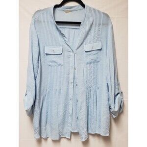 Women's Sky Blue  Roll Up Sleeve Pleated Summer Office Casual Blouse L PO Exc